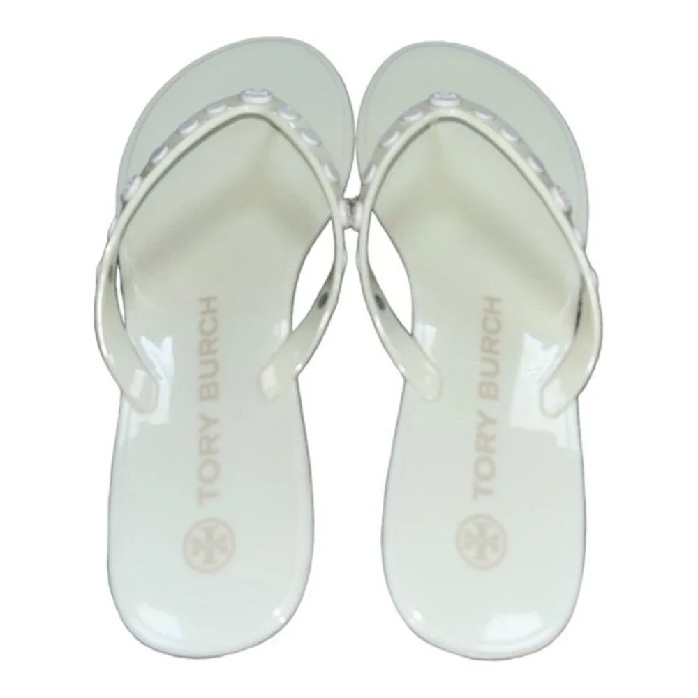 Tory Burch Studded Logo Jelly Ivory White Thong Flip Flop Sandals Women's 7